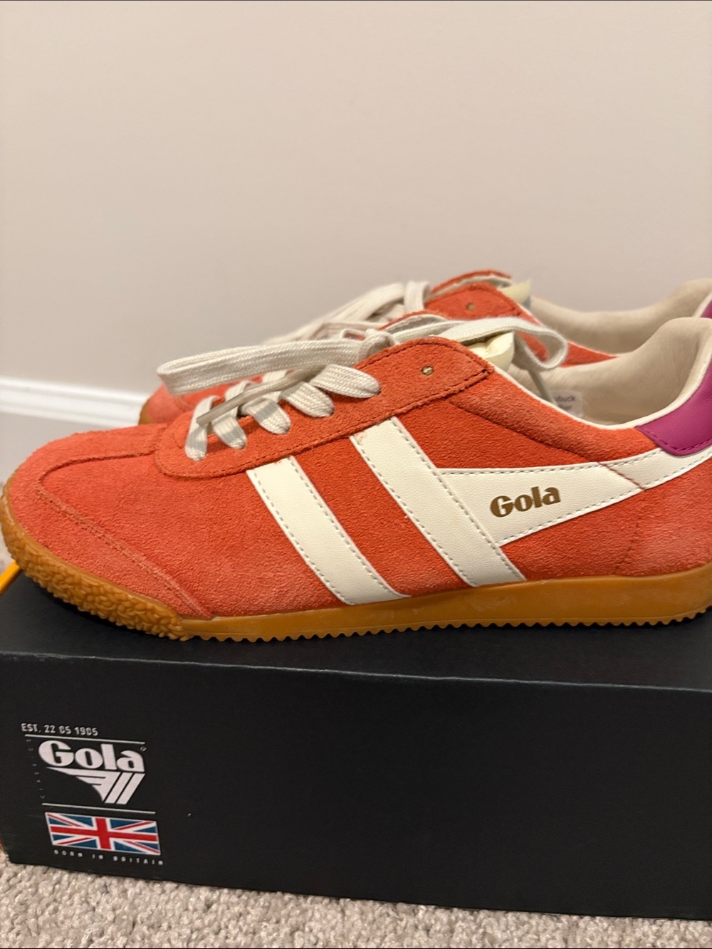 Gola Orange Suede Women’s Sneakers with White Stripes and Purple Heel - Picture 3 of 5
